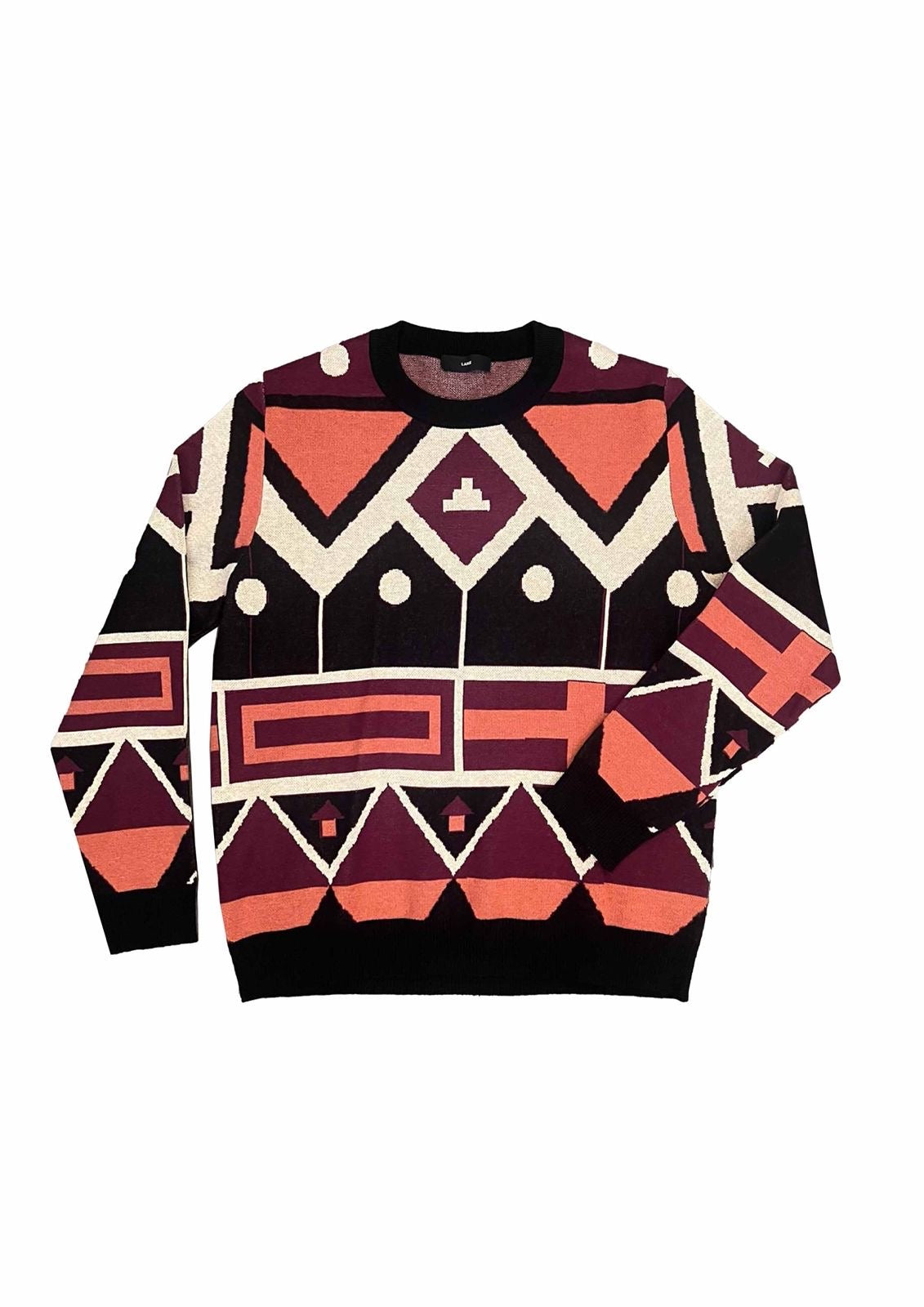 A knitted crew neck sweater with a geometric pattern consisting of shapes in red, black, and white.