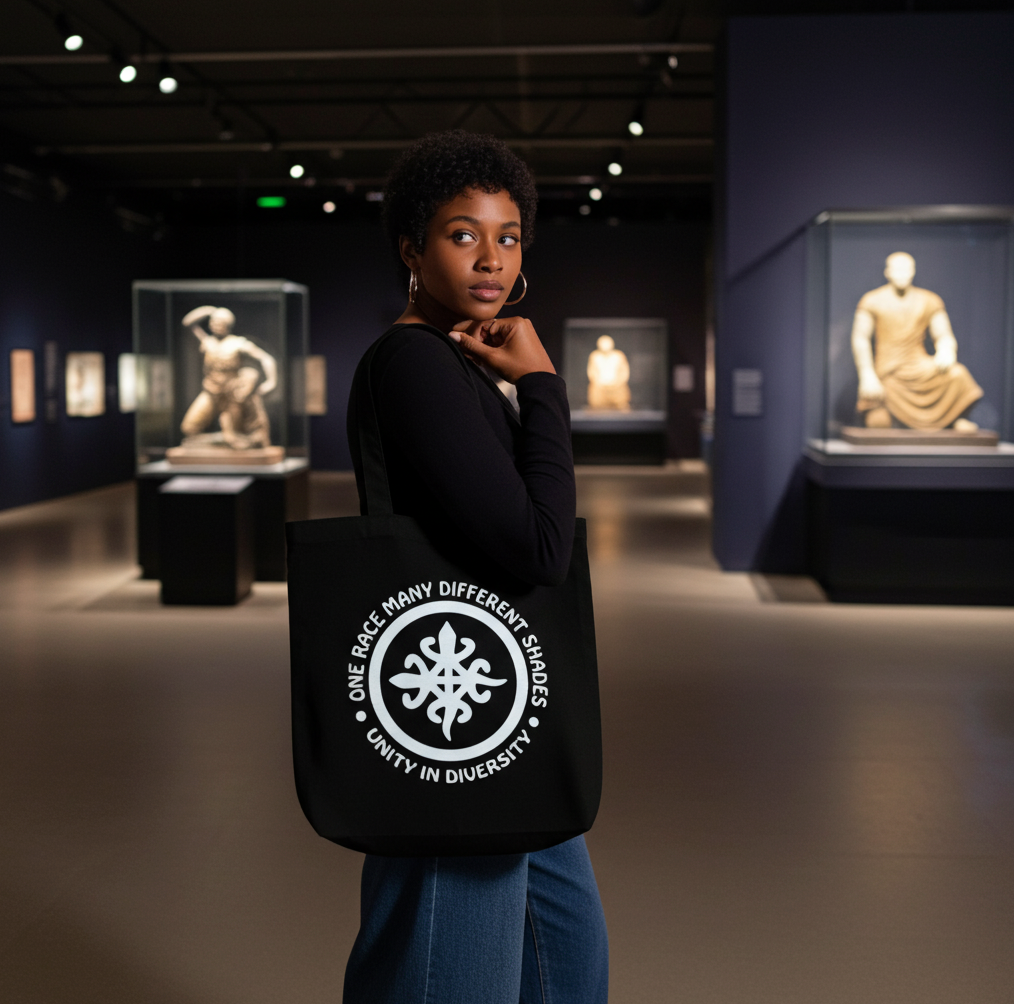 Person holding a tote bag with a message in an art gallery