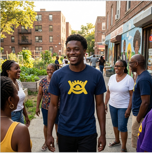 Man wearing a navy blue t-shirt with a yellow logo walking on a sidewalk with people around him.