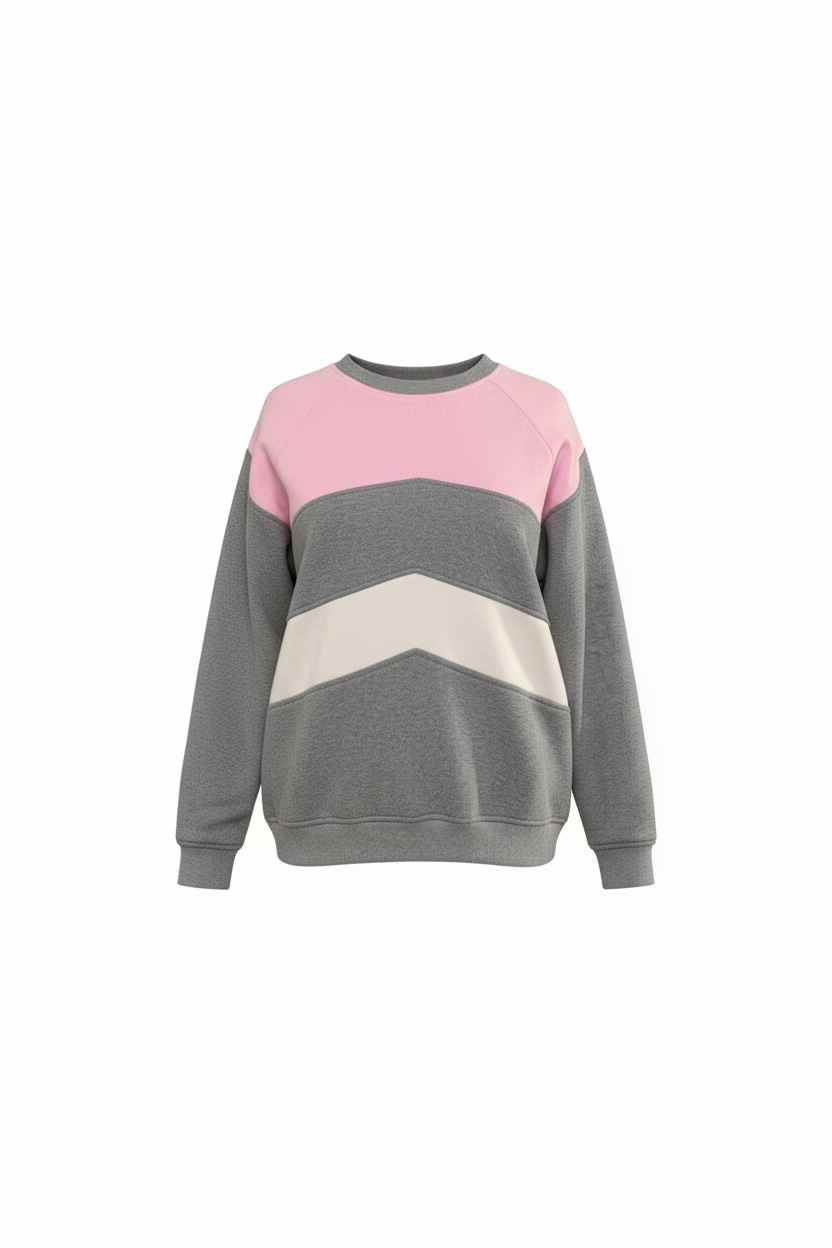 Color-blocked sweater with gray, pink, and beige design on a white background