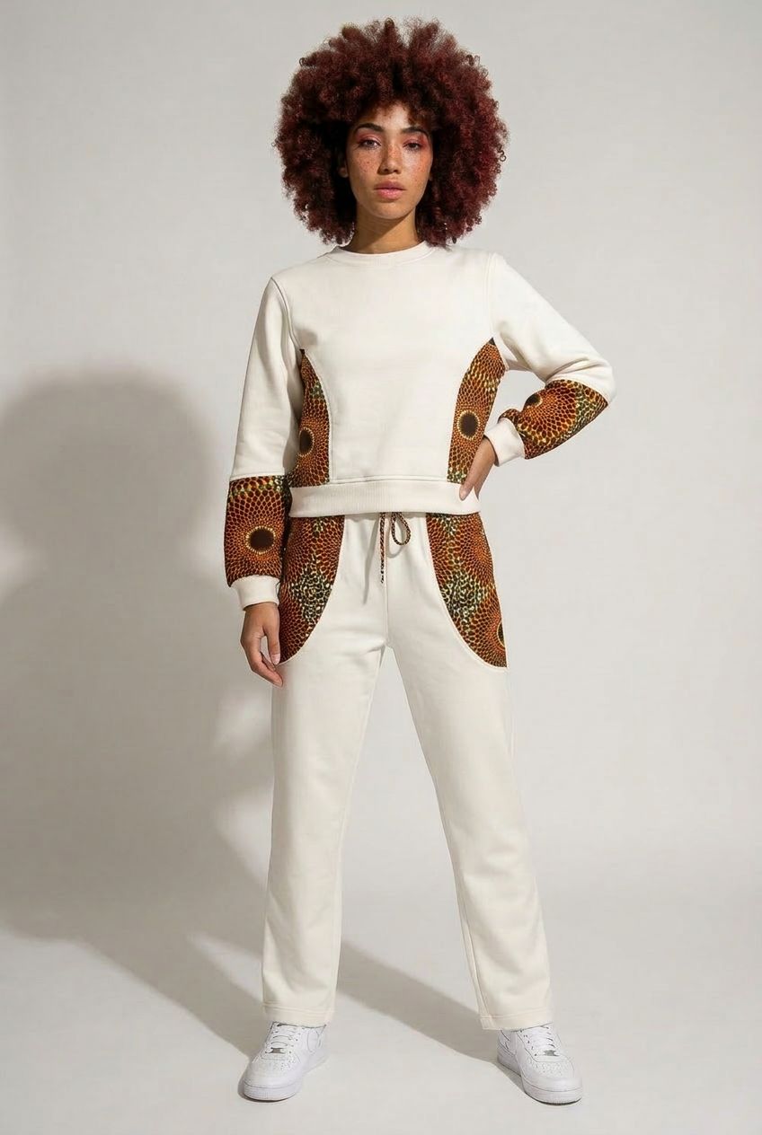 Creme Fabric Women’s Tracksuit – Brown Print Insert Two-Piece Set