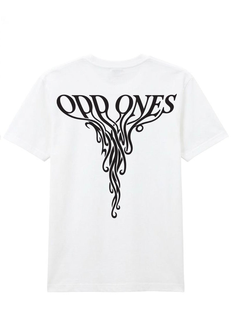 White t-shirt with black graphic design and 'Odd Ones' text on a white background