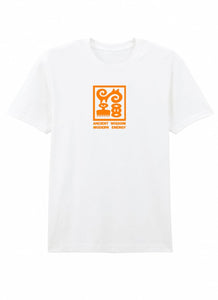 White t-shirt with an orange logo and text on a white background