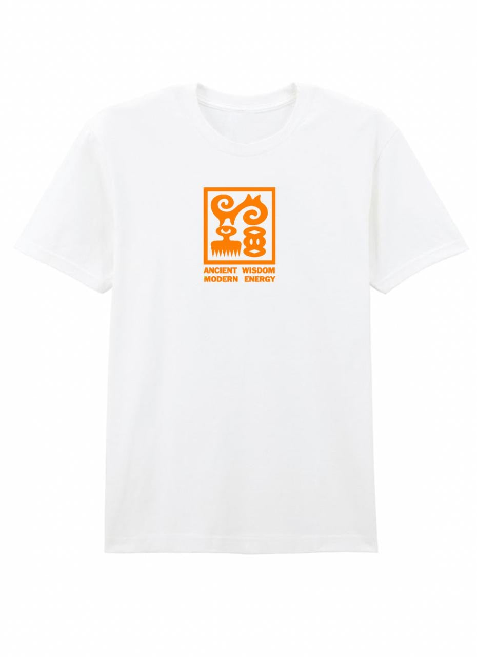 White t-shirt with an orange logo and text on a white background