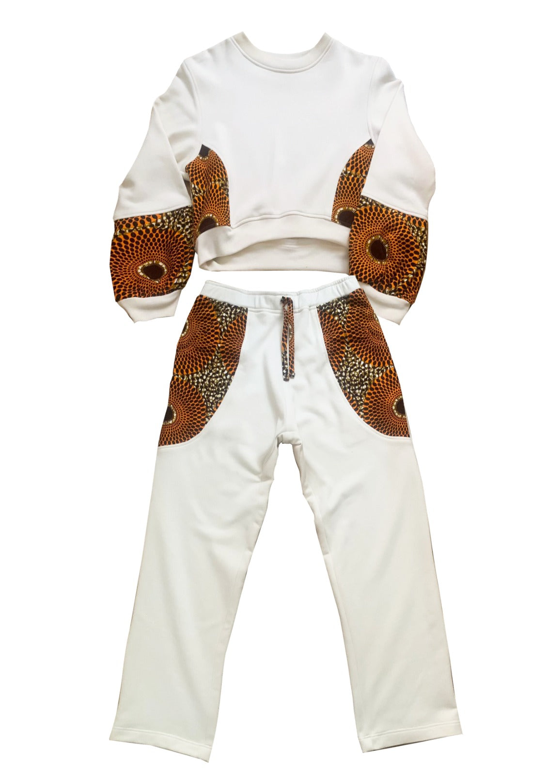 A pair of white cropped sweatshirt and bottoms with brown print inser and a drawstring waist on the bottoms.