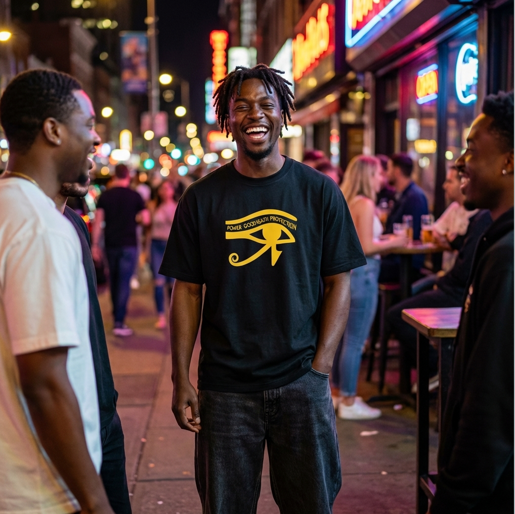 Man wearing a black t-shirt with a yellow logo on a city street at night.