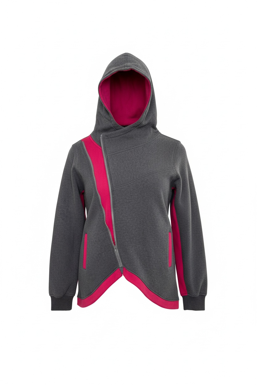 Gray hoodie with pink accents on a white background