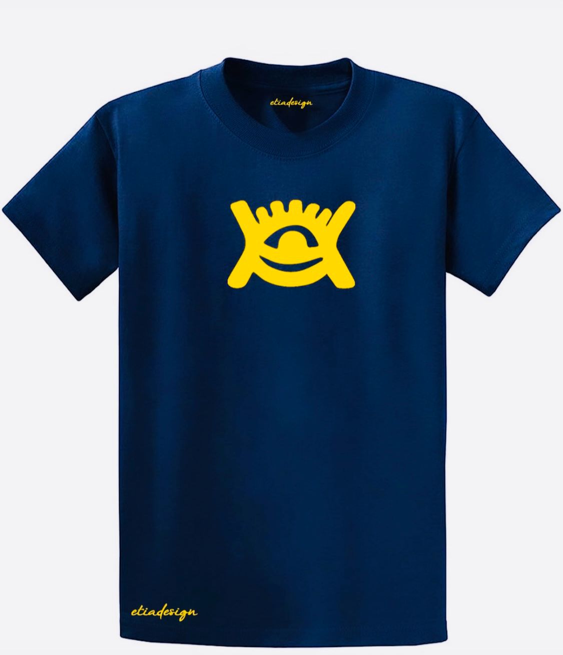 Blue t-shirt with yellow logo and 'elindesign' branding on a white background