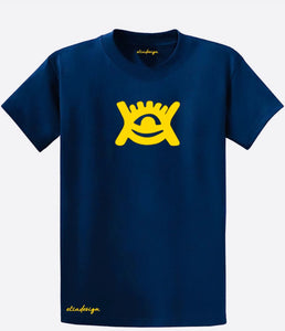 Blue t-shirt with yellow logo and 'elindesign' branding on a white background