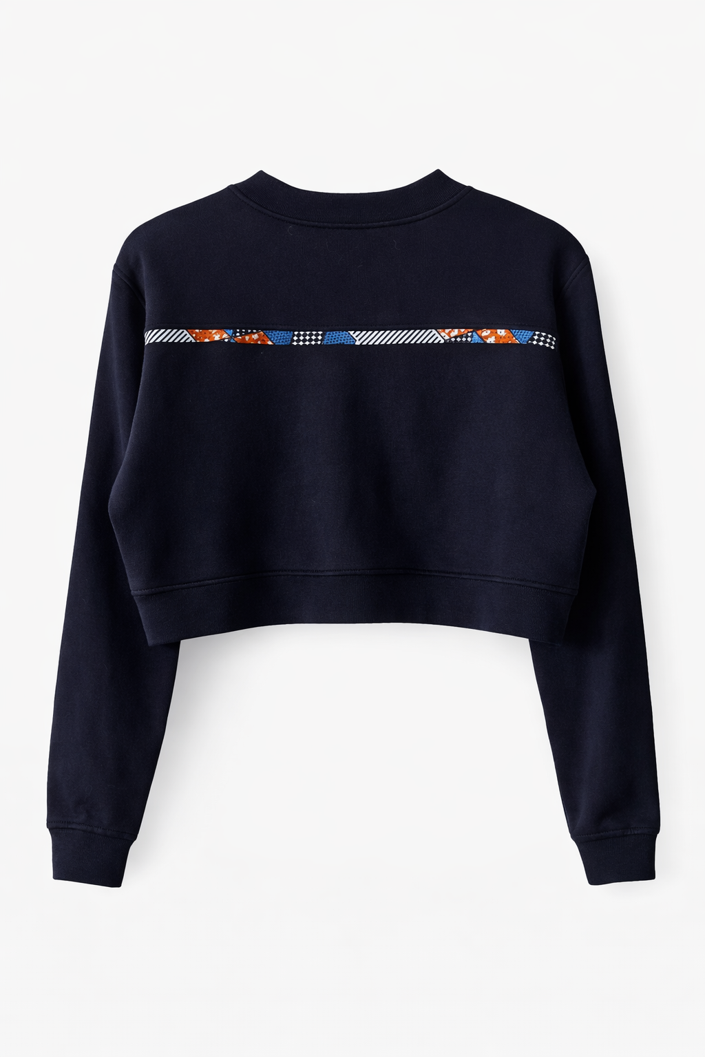 Navy blue sweatshirt with a colorful stripe on a white background