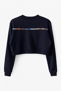 Navy blue sweatshirt with a colorful stripe on a white background