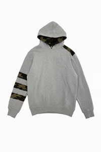 Gray hoodie with camouflage sleeves on a white background