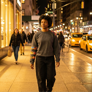 Person walking on a city street at night with taxis and pedestrians in the background