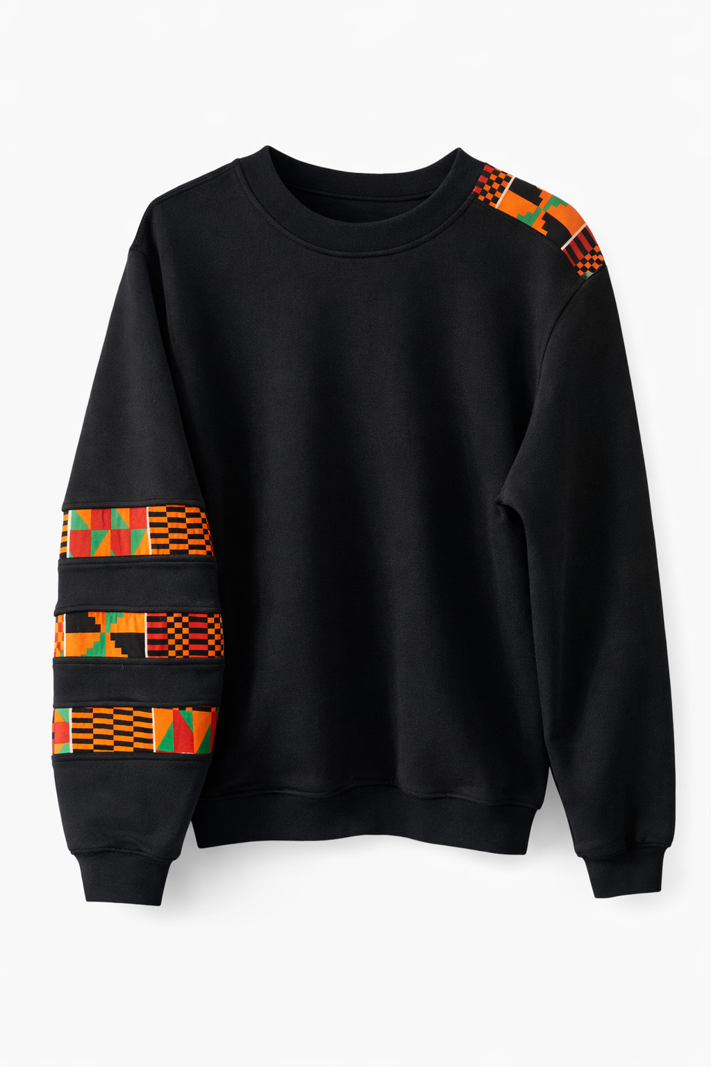 Black sweatshirt with colorful geometric patterns on sleeves against a white background
