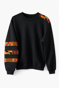Black sweatshirt with colorful geometric patterns on sleeves against a white background