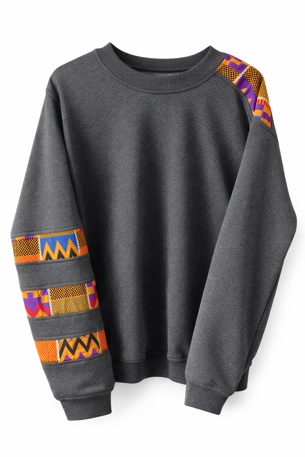 Gray sweatshirt with colorful sleeve patterns on a white background