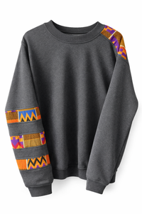 Gray sweatshirt with colorful sleeve patterns on a white background