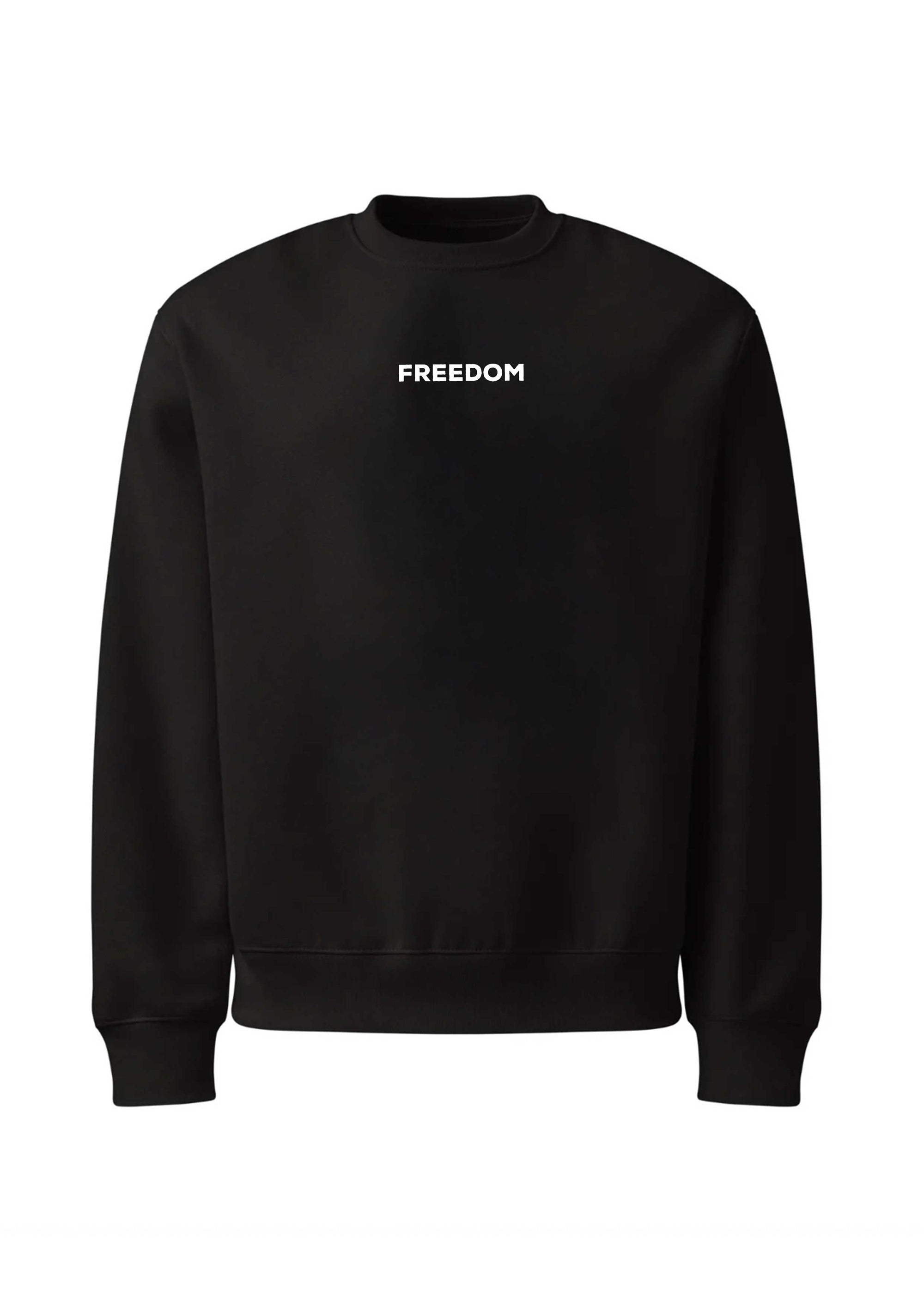 Black sweatshirt with 'FREEDOM' text on a white background
