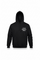 Black hoodie with white text on a white background