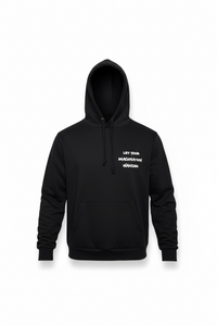 Black hoodie with white text on a white background