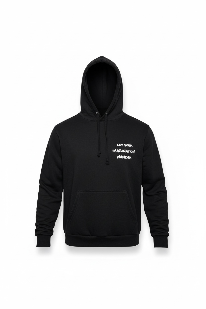 Black hoodie with white text on a white background