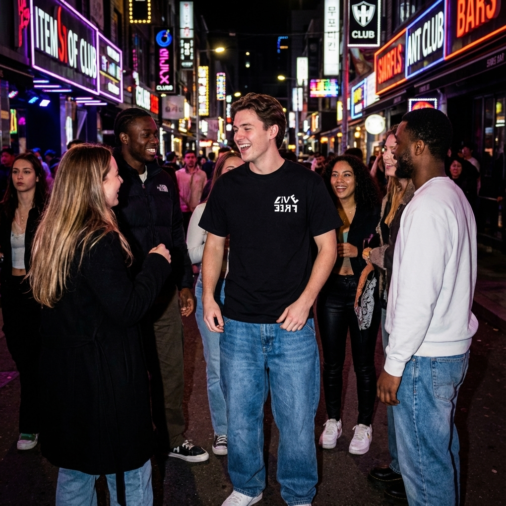 Group of people socializing on a city street at night with neon signs in the background