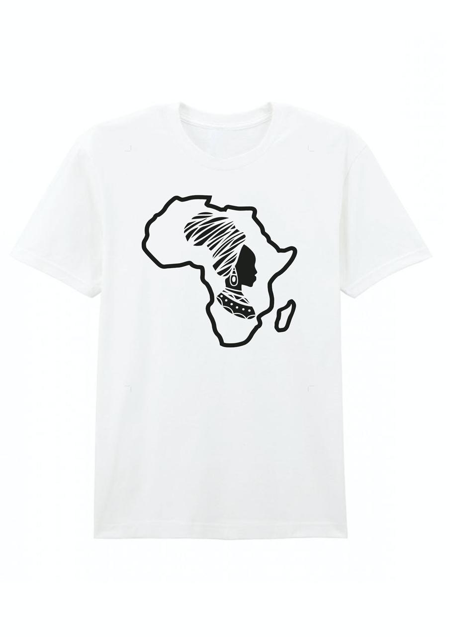 A navy blue cotton T-shirt with a graphic of the African continent in orange and a stylized face inside the contour.