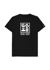 Black t-shirt with a white graphic design on a white background
